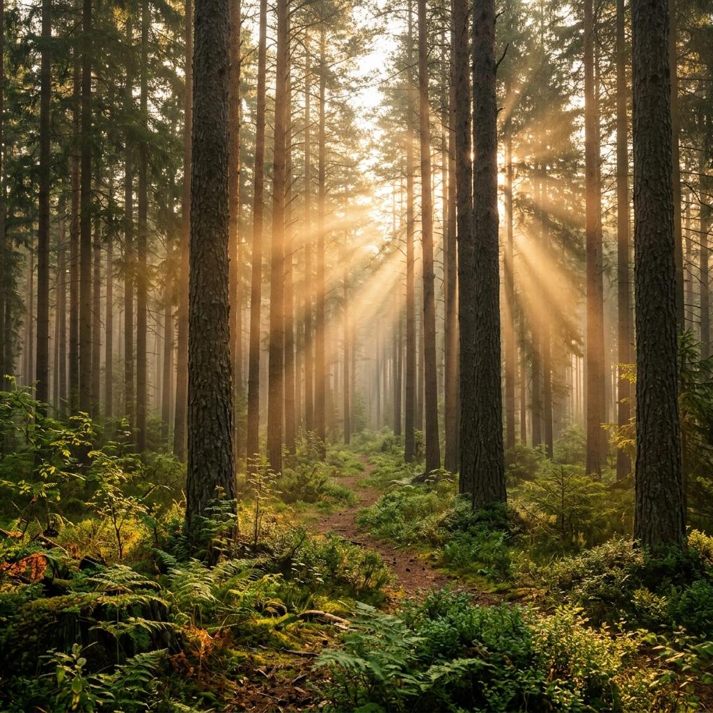 Golden sunlight streaming through a pine forest in the Western Ghats